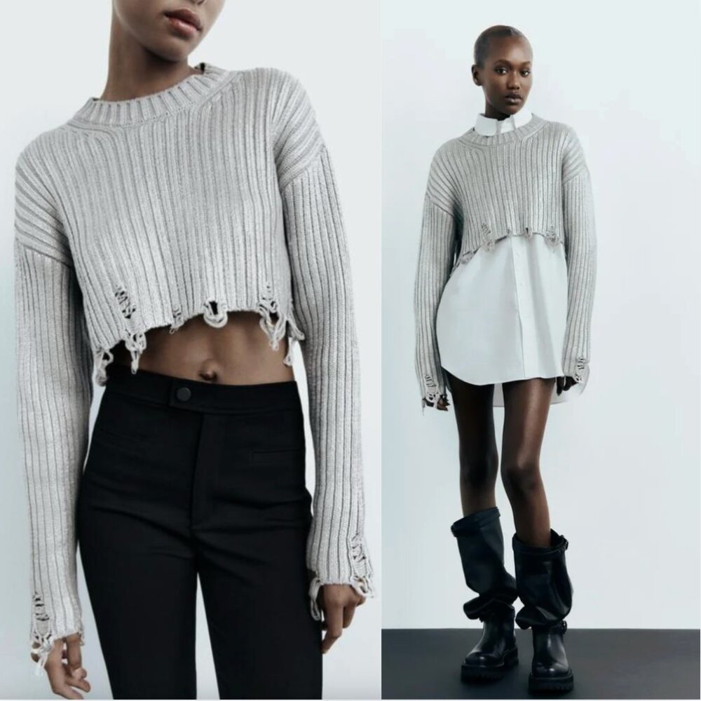 Zara Ribbed Distressed Sweater Metallic Silver